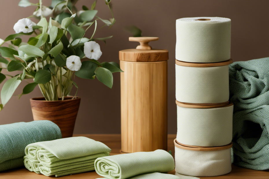 An image showcasing various sustainable alternatives to toilet paper: a stack of soft bamboo reusable wipes, a bidet attachment, a compostable toilet paper roll, and a container of cloth squares neatly folded