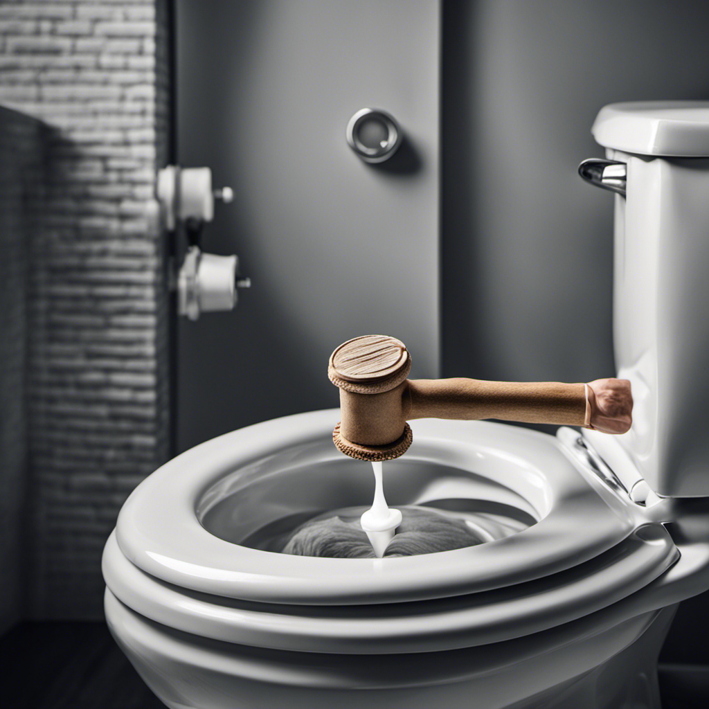 An image showcasing a close-up view of a gloved hand holding a plunger, positioned above a clogged toilet