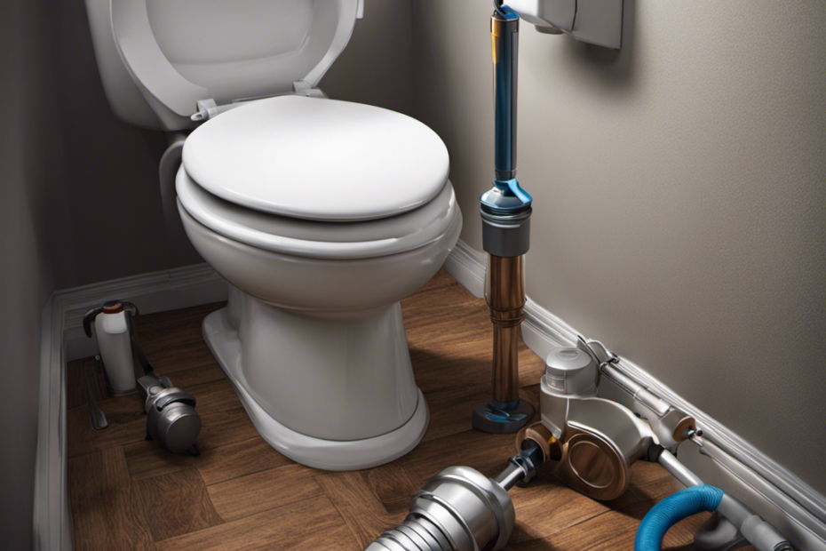 An image that showcases a plunger, a toilet auger, and a bottle of drain cleaner placed beside a clogged toilet