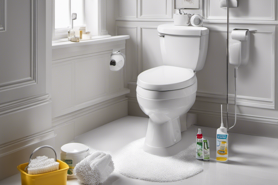 An image showcasing a sparkling white toilet bowl surrounded by a range of cleaning supplies, including a scrub brush, disinfectant spray, gloves, and a bottle of toilet cleaner