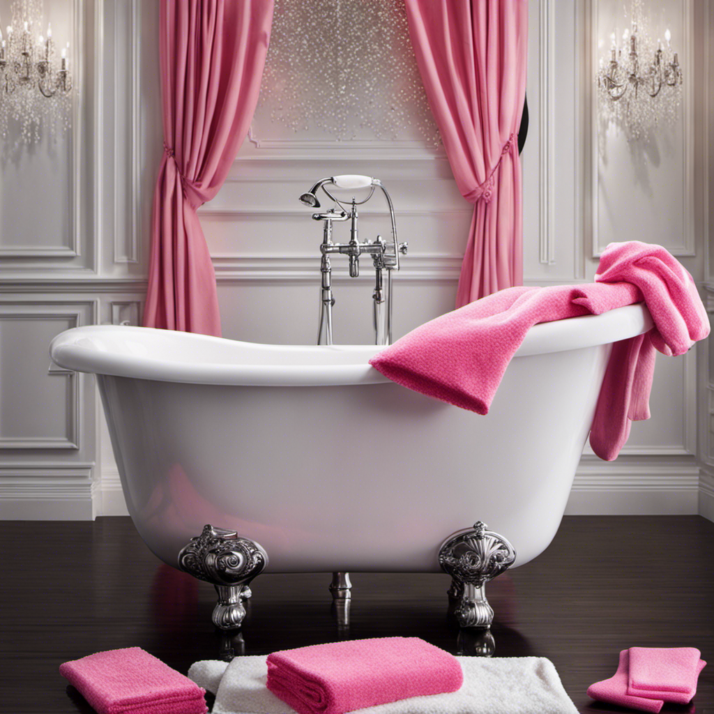 An image showcasing a sparkling white bathtub, adorned with a pair of pink rubber gloves, a bottle of foaming cleaner, a scrub brush, and a cloth, all neatly arranged on the edge