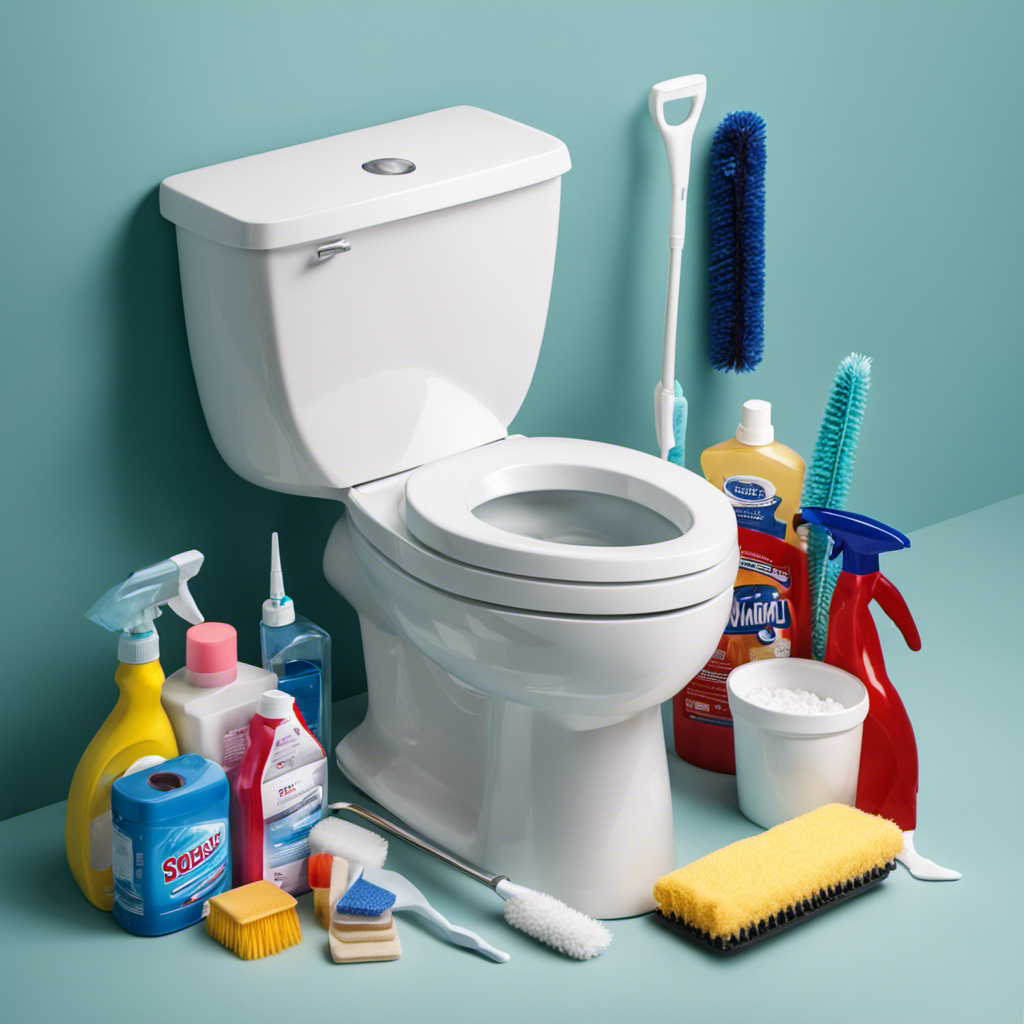 An image showcasing a sparkling white toilet bowl with a pair of gloved hands holding a scrub brush, surrounded by an array of cleaning supplies like a bottle of bleach, disinfectant wipes, and a toilet brush holder