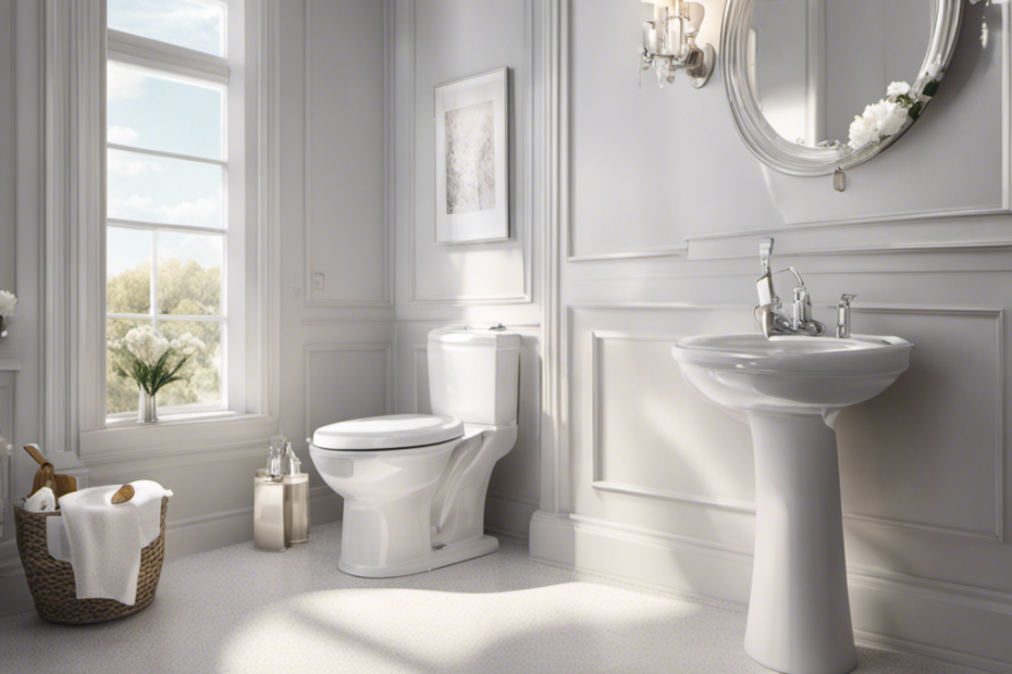 An image of a sparkling white toilet seat, surrounded by a clean, gleaming bathroom