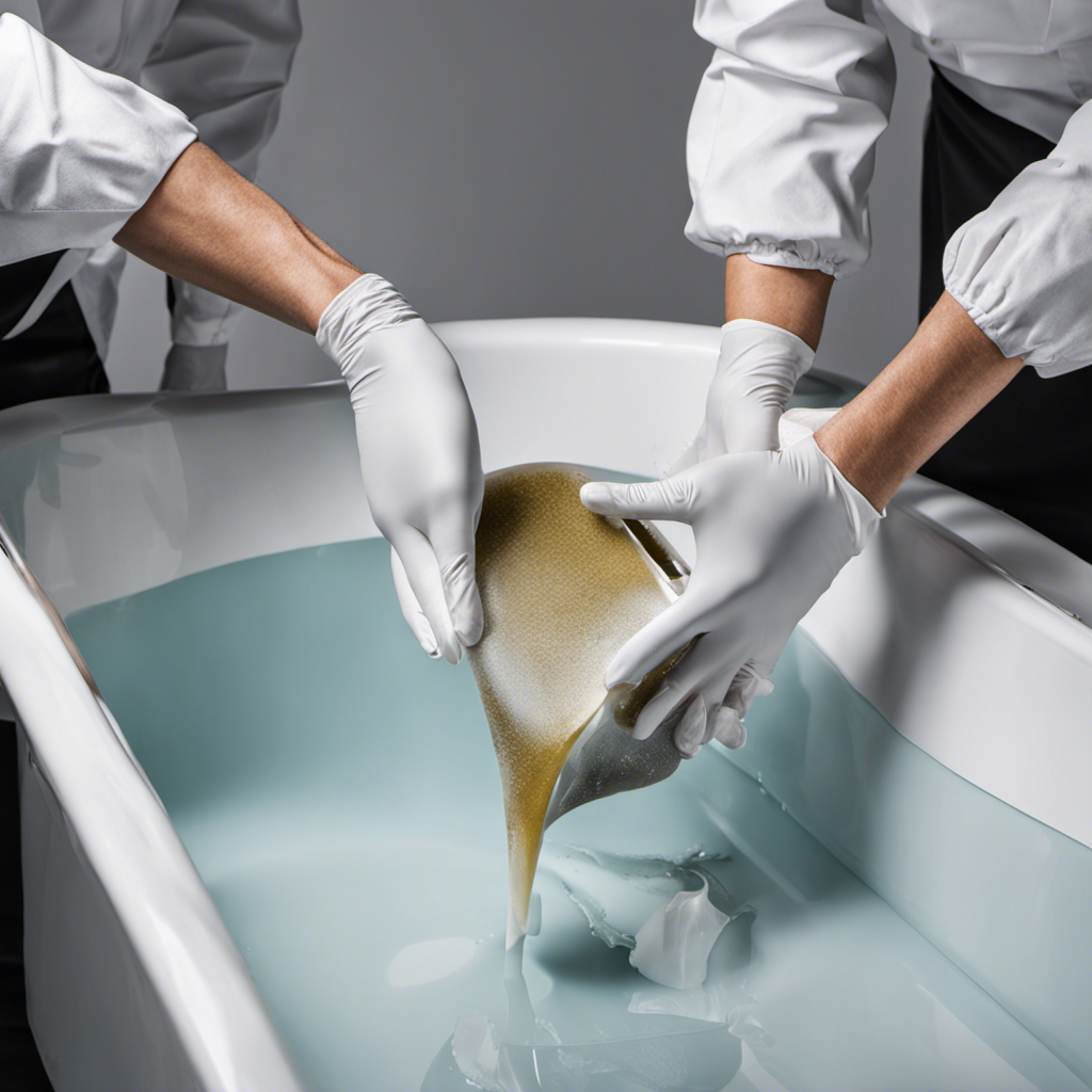 An image of a pair of gloved hands holding a tube of high-quality epoxy resin, gently applying it to a hairline crack in a pristine white bathtub