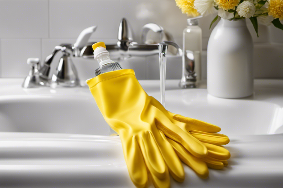 An image showcasing a pair of yellow rubber gloves, a scrub brush with stiff bristles, and a bottle of sparkling white vinegar, all neatly arranged on the edge of a pristine white bathtub