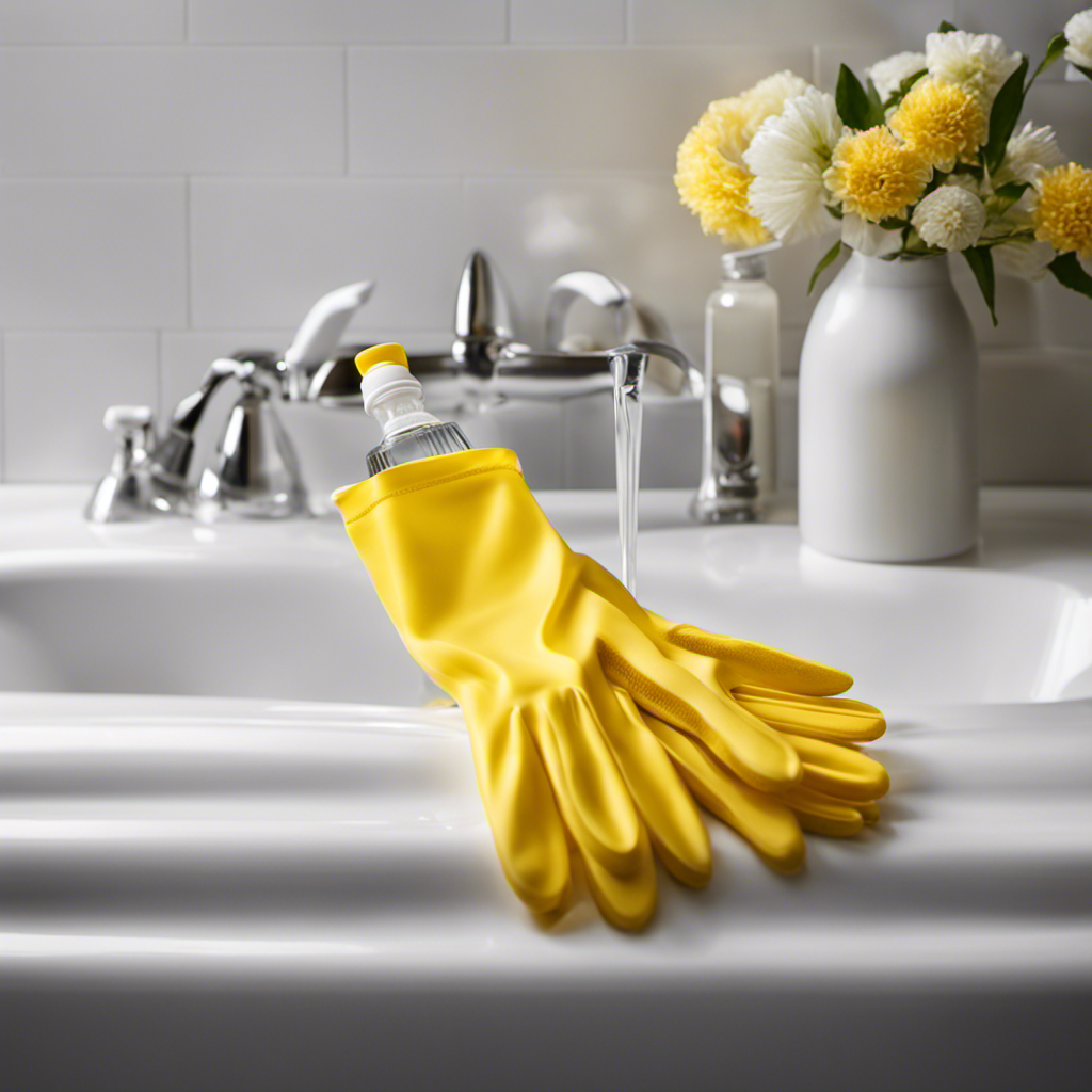 An image showcasing a pair of yellow rubber gloves, a scrub brush with stiff bristles, and a bottle of sparkling white vinegar, all neatly arranged on the edge of a pristine white bathtub