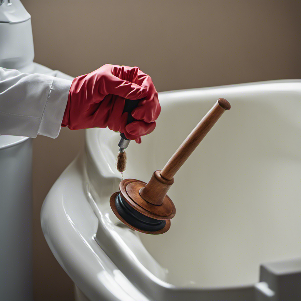 An image showcasing a close-up of a hand wearing rubber gloves, holding a plunger with a wooden handle