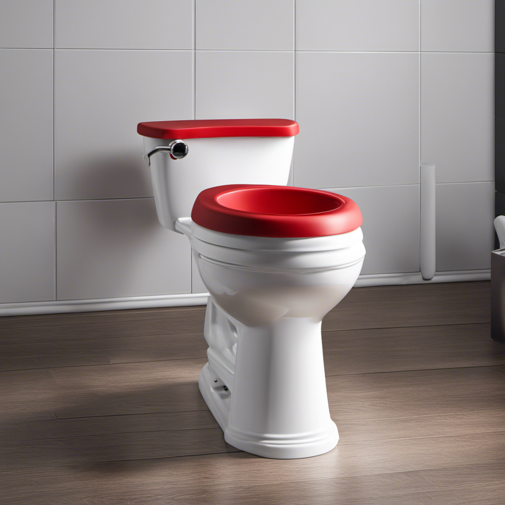 An image showcasing a plunger with a red rubber suction cup, positioned at an angle, pressed against a white porcelain toilet bowl