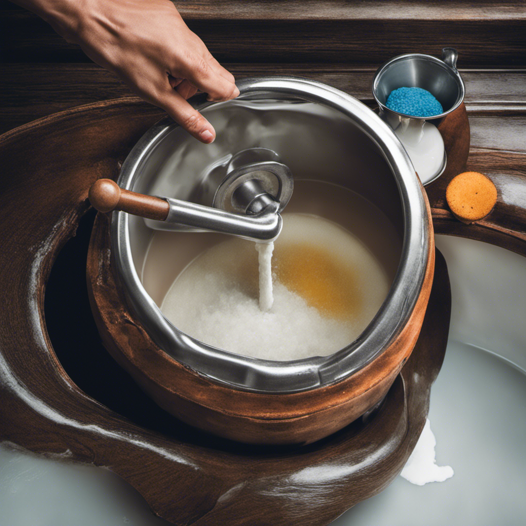 An image showcasing a hand holding a plunger, standing next to a bucket filled with a mixture of vinegar and baking soda