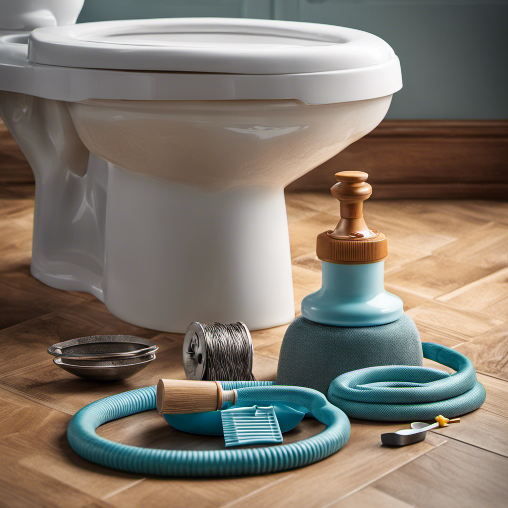 An image showcasing a hand holding a plunger, surrounded by a variety of effective unclogging tools such as a drain snake, baking soda, vinegar, and a bucket, all placed on a clean bathroom floor