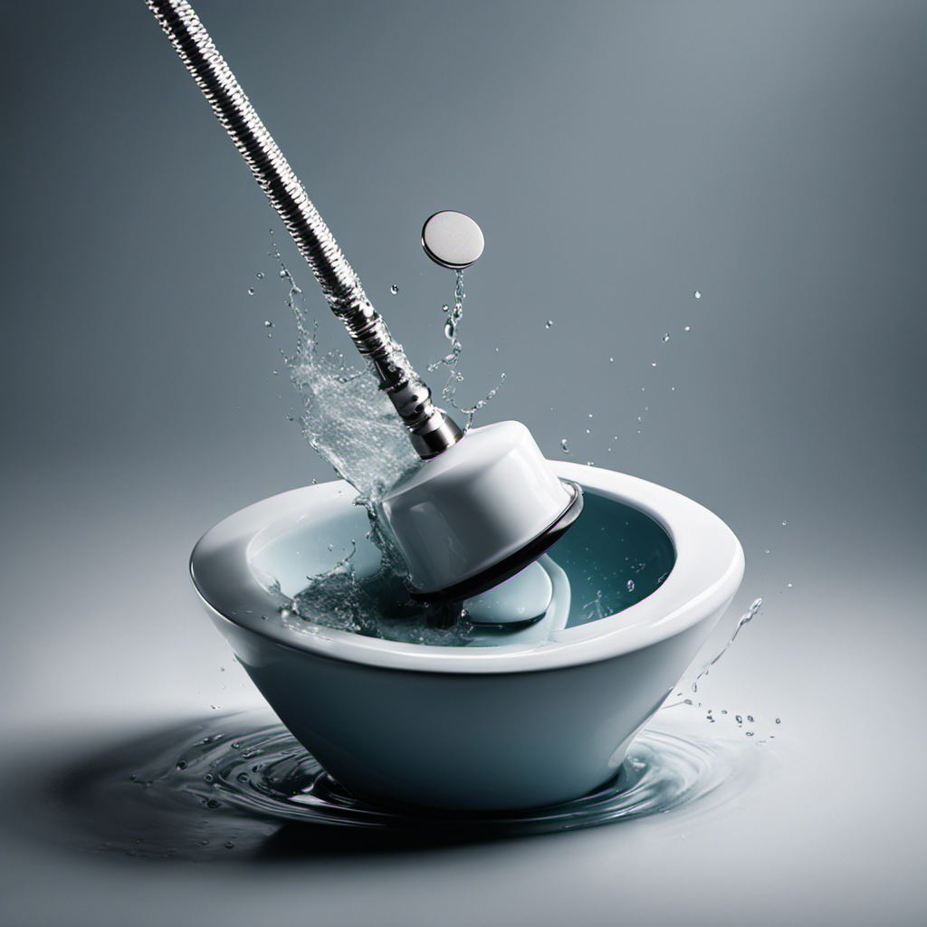 An image showing a close-up view of a plunger submerged in a toilet bowl, with water splashing around it