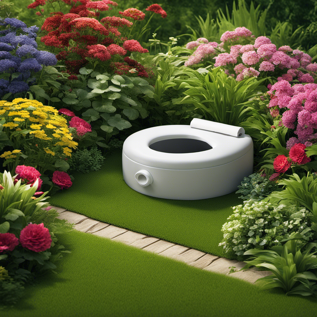 An image depicting a serene, lush backyard with a modern septic tank system, surrounded by vibrant green grass and a blooming flower garden