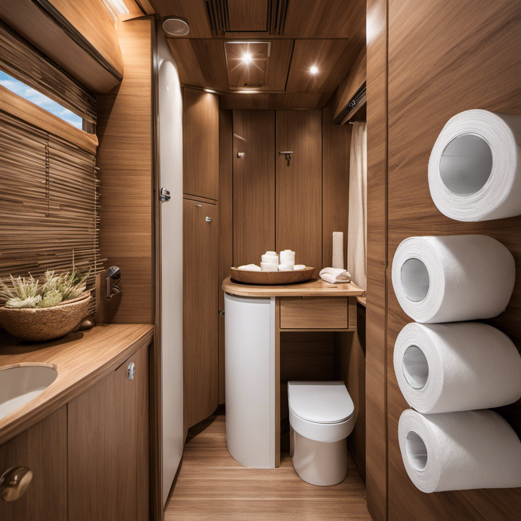 An image showcasing an RV bathroom with a neatly arranged stack of biodegradable toilet paper rolls placed next to a toilet