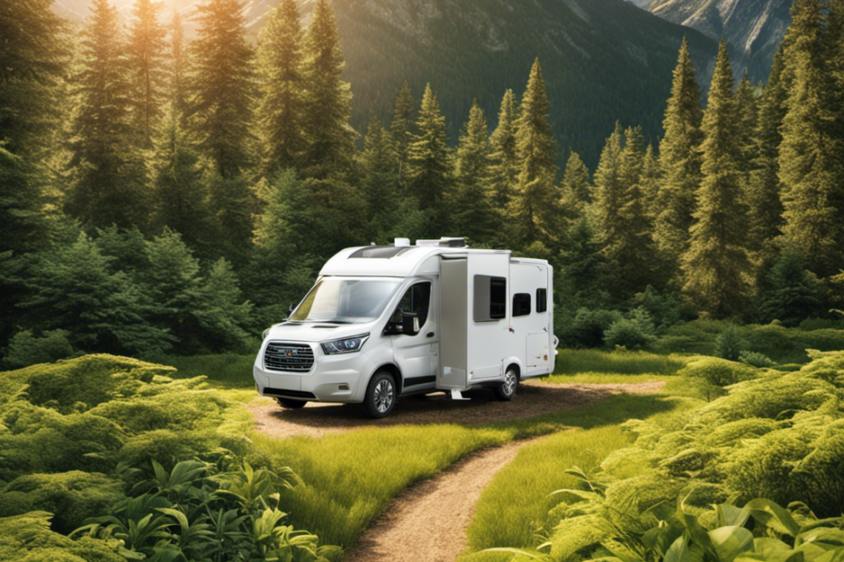 An image showing a serene campsite with an RV bathroom
