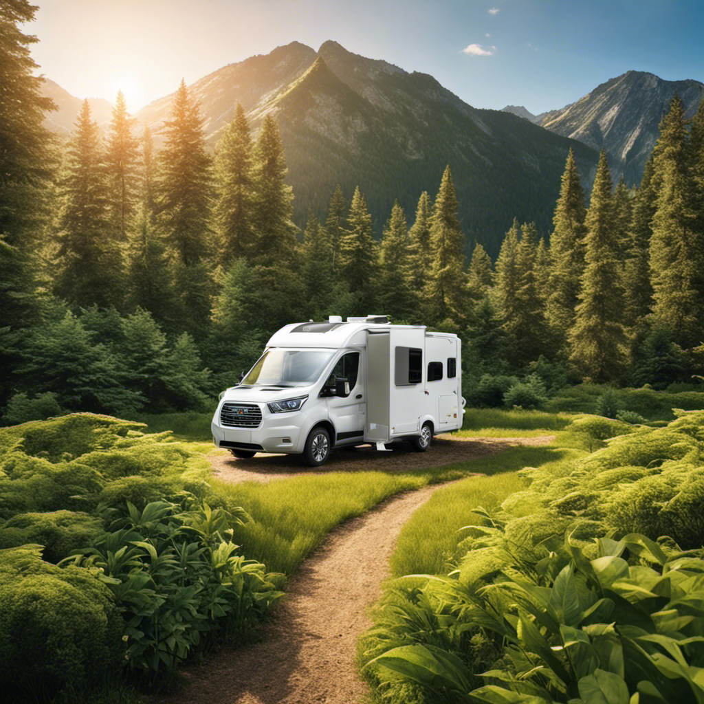 An image showing a serene campsite with an RV bathroom