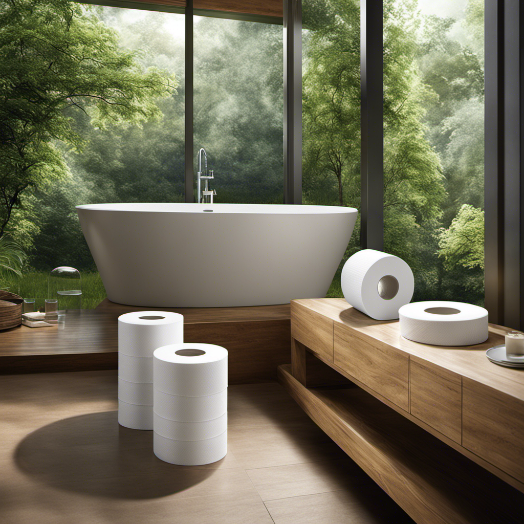 An image showcasing a serene bathroom setting with a clear, transparent septic tank system in the background