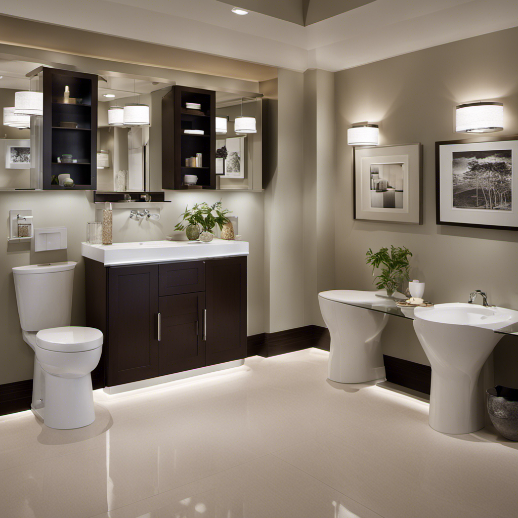 An image showcasing a wide array of toilets in a well-lit bathroom showroom