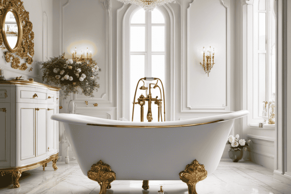 An image showcasing a luxurious, freestanding clawfoot bathtub with elegant curved edges, adorned with ornate gold fixtures and a vintage-inspired faucet, set against a backdrop of pristine white tiles and surrounded by soft, plush towels