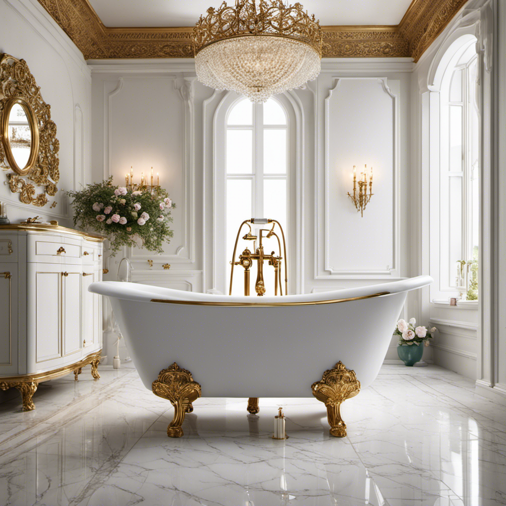 An image showcasing a luxurious, freestanding clawfoot bathtub with elegant curved edges, adorned with ornate gold fixtures and a vintage-inspired faucet, set against a backdrop of pristine white tiles and surrounded by soft, plush towels