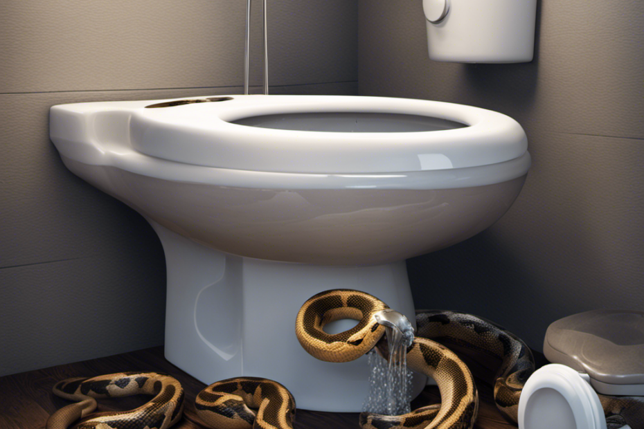 An image depicting a plunger, a snake, and a pair of rubber gloves standing beside a sparkling clean toilet bowl