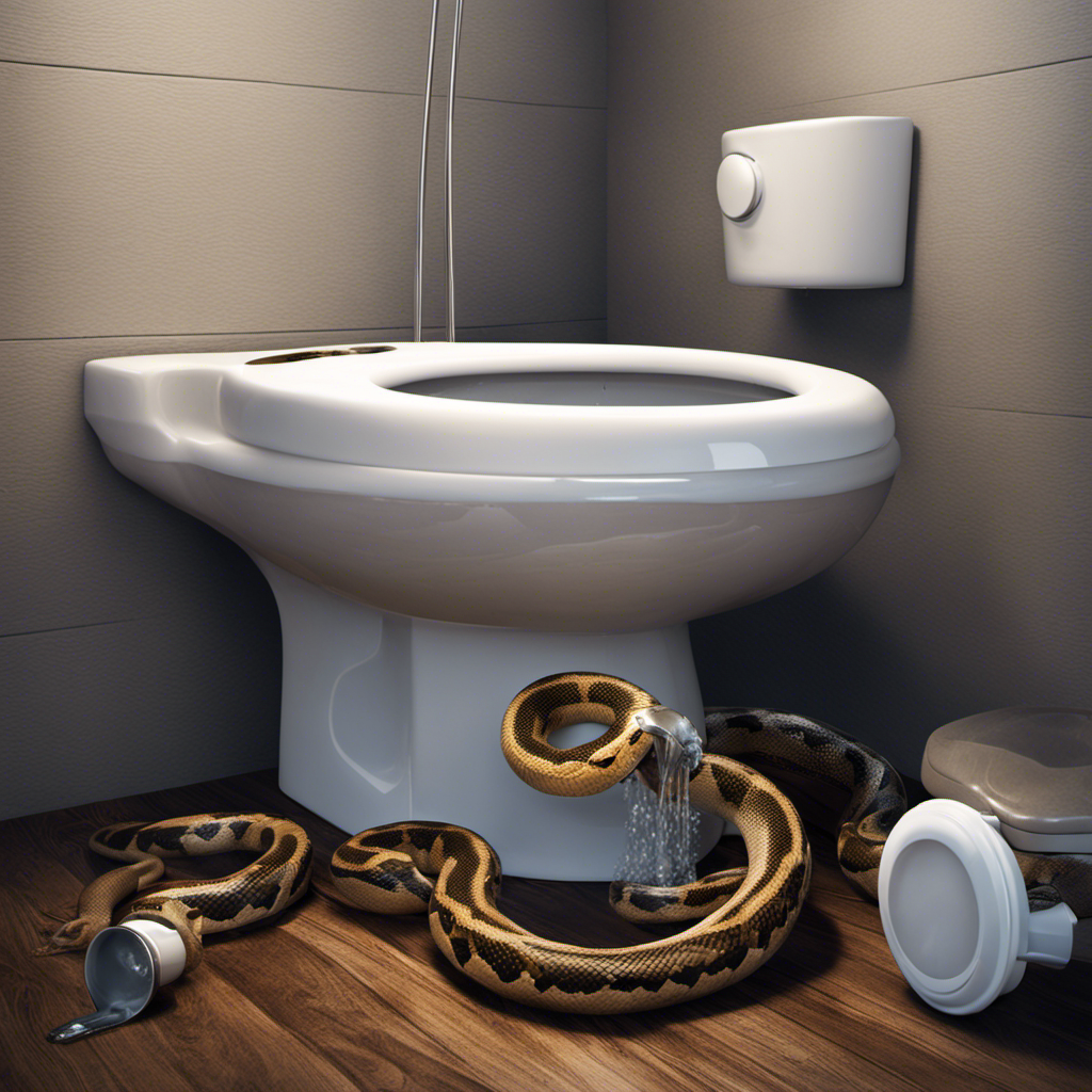 An image depicting a plunger, a snake, and a pair of rubber gloves standing beside a sparkling clean toilet bowl