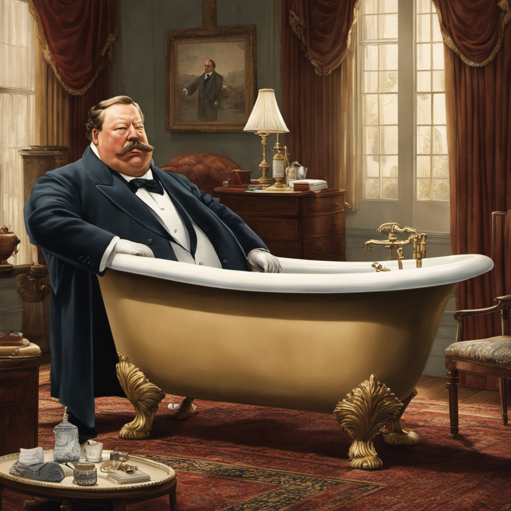 An image capturing the comedic yet historical moment when President Taft, a stout figure in a bathtub, struggles to free himself, his embarrassed expression reflecting the sheer absurdity of the situation