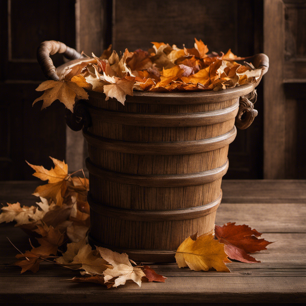 An image showcasing a rustic wooden bucket with a stack of soft, crumpled leaves piled beside it, while a delicate, porcelain chamber pot sits nearby, evoking a sense of historical sanitation practices before the advent of toilet paper