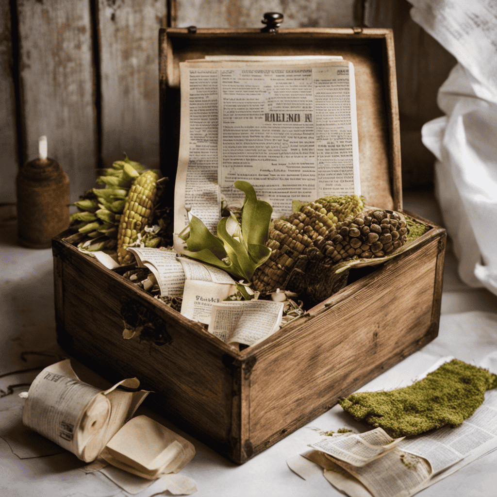 An image showcasing a vintage bathroom scene with a wooden box containing torn pages from old newspapers, corn cobs neatly stacked, and a pile of soft, mossy leaves - revealing the interesting historical alternatives to toilet paper