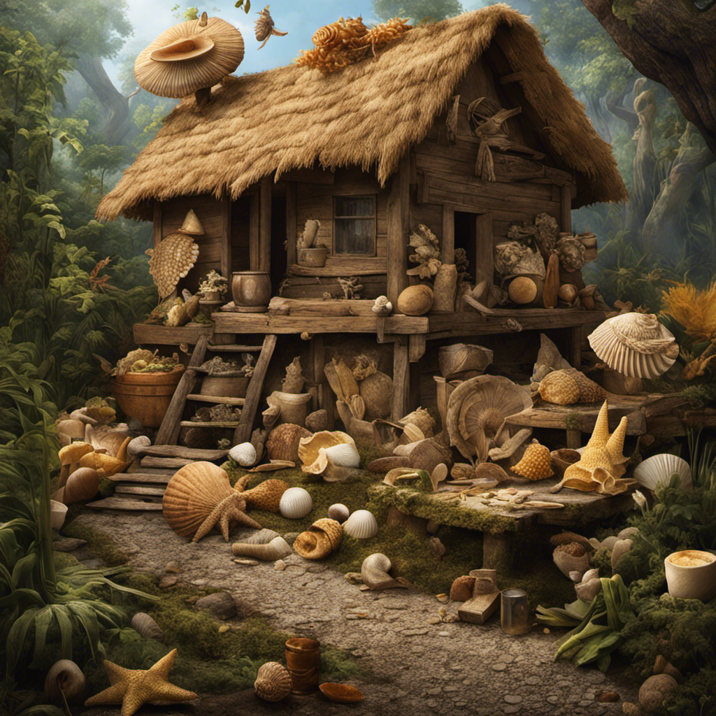 An image that portrays the ancient alternatives to toilet paper, showcasing a rustic scene with a variety of materials like seashells, corn cobs, and sponge attached to a stick, hinting at the ingenuity of our ancestors
