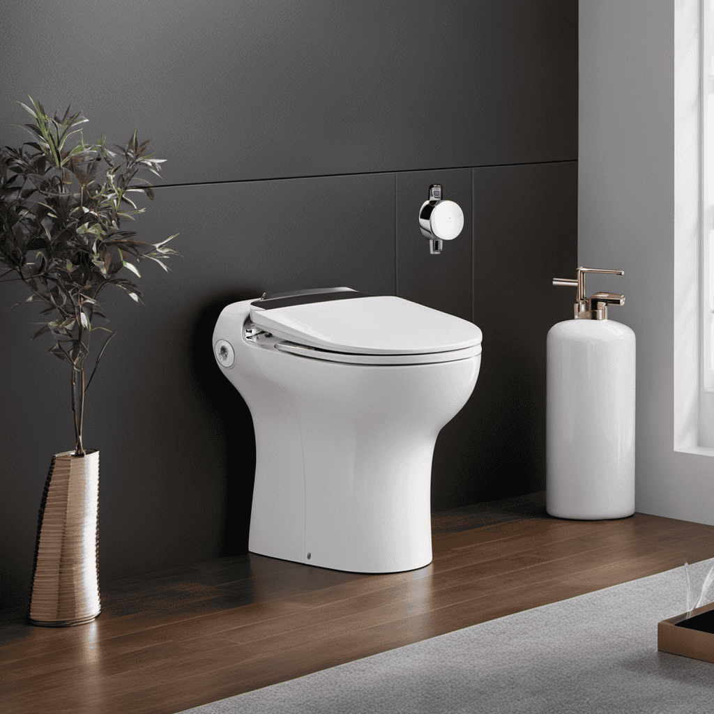 An image showing a modern, sleek bidet with adjustable settings, warm water spray, and a built-in air dryer