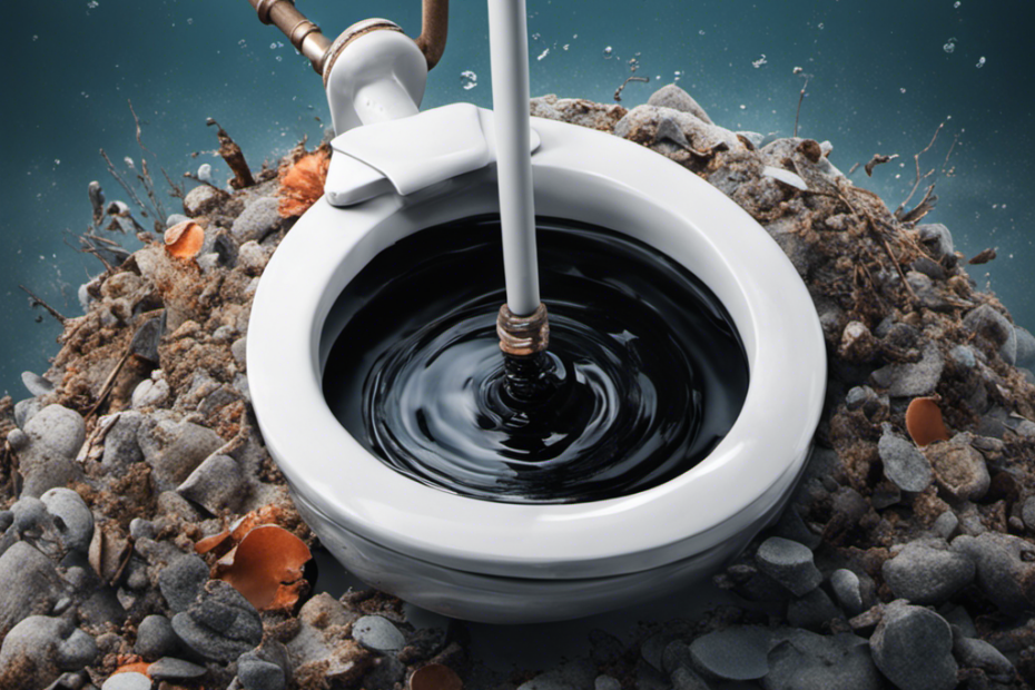 An image showcasing a close-up view of a plunger submerged in a toilet bowl, surrounded by water and debris