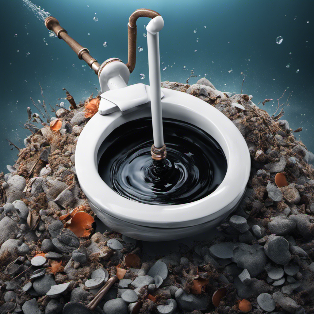 An image showcasing a close-up view of a plunger submerged in a toilet bowl, surrounded by water and debris