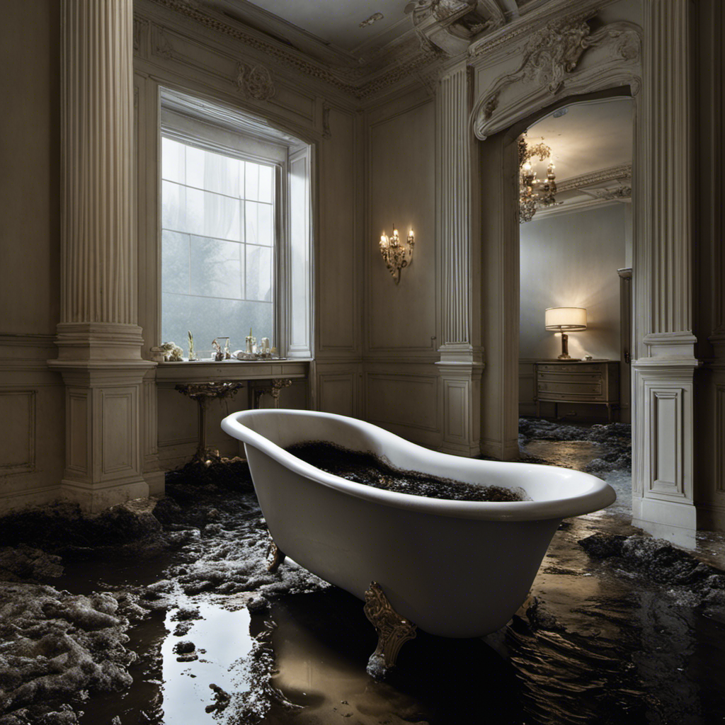 E of a bathtub filled with murky water overflowing onto a bathroom floor, with sewage pipes visible beneath, exhibiting signs of blockage such as debris, sludge, and trapped objects