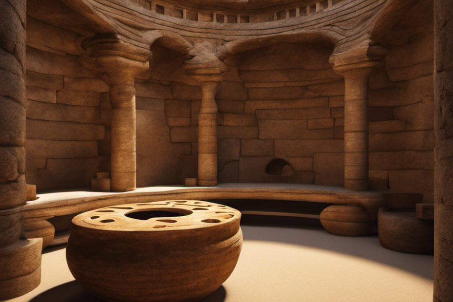 An image depicting a dimly lit stone chamber with a wooden seat featuring a carved hole, surrounded by ancient Roman-style architecture