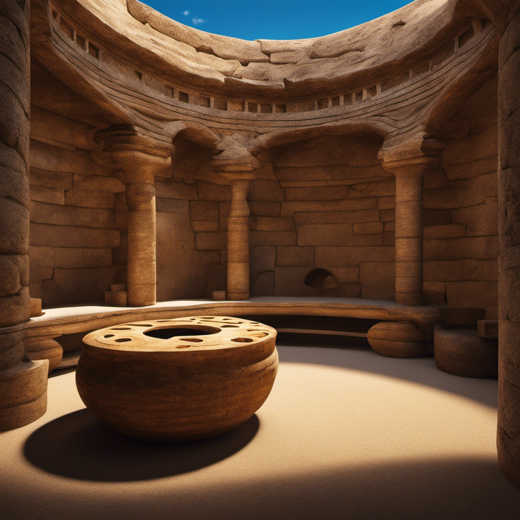 An image depicting a dimly lit stone chamber with a wooden seat featuring a carved hole, surrounded by ancient Roman-style architecture
