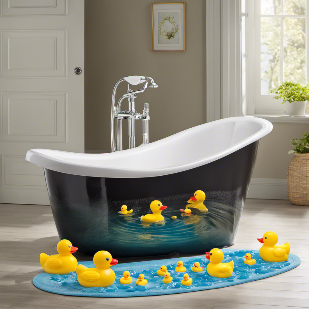 An image capturing a serene bathroom scene with a baby-safe bathtub, adorned with colorful rubber duckies and gentle water splashes