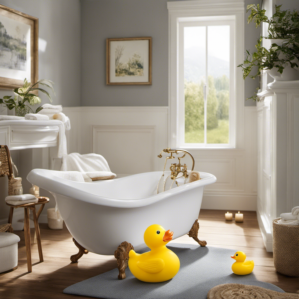 An image capturing a serene bathroom scene: a spacious, pristine bathtub with a cushioned, supportive infant bath seat placed within