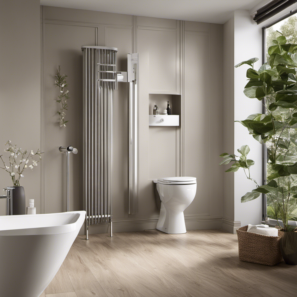 An image showcasing a serene bathroom setting with a stylish, modern toilet alongside a walking aid, indicating the transition from post-hip replacement recovery to confidently using a regular toilet