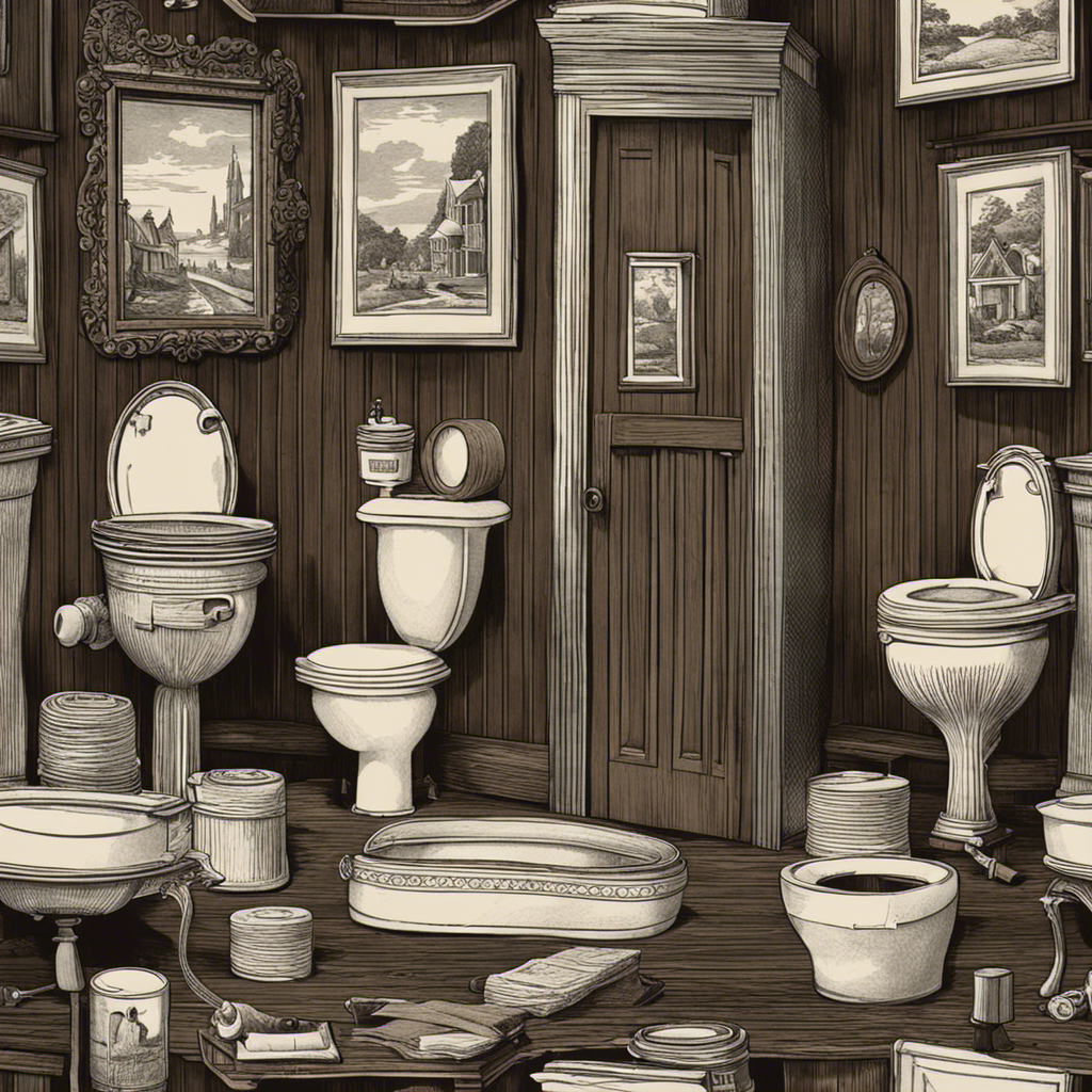 An image capturing the evolution of toilet paper's popularity, depicting a Victorian-era outhouse transitioning into a modern bathroom with a plentiful stack of toilet paper, symbolizing its widespread adoption throughout history