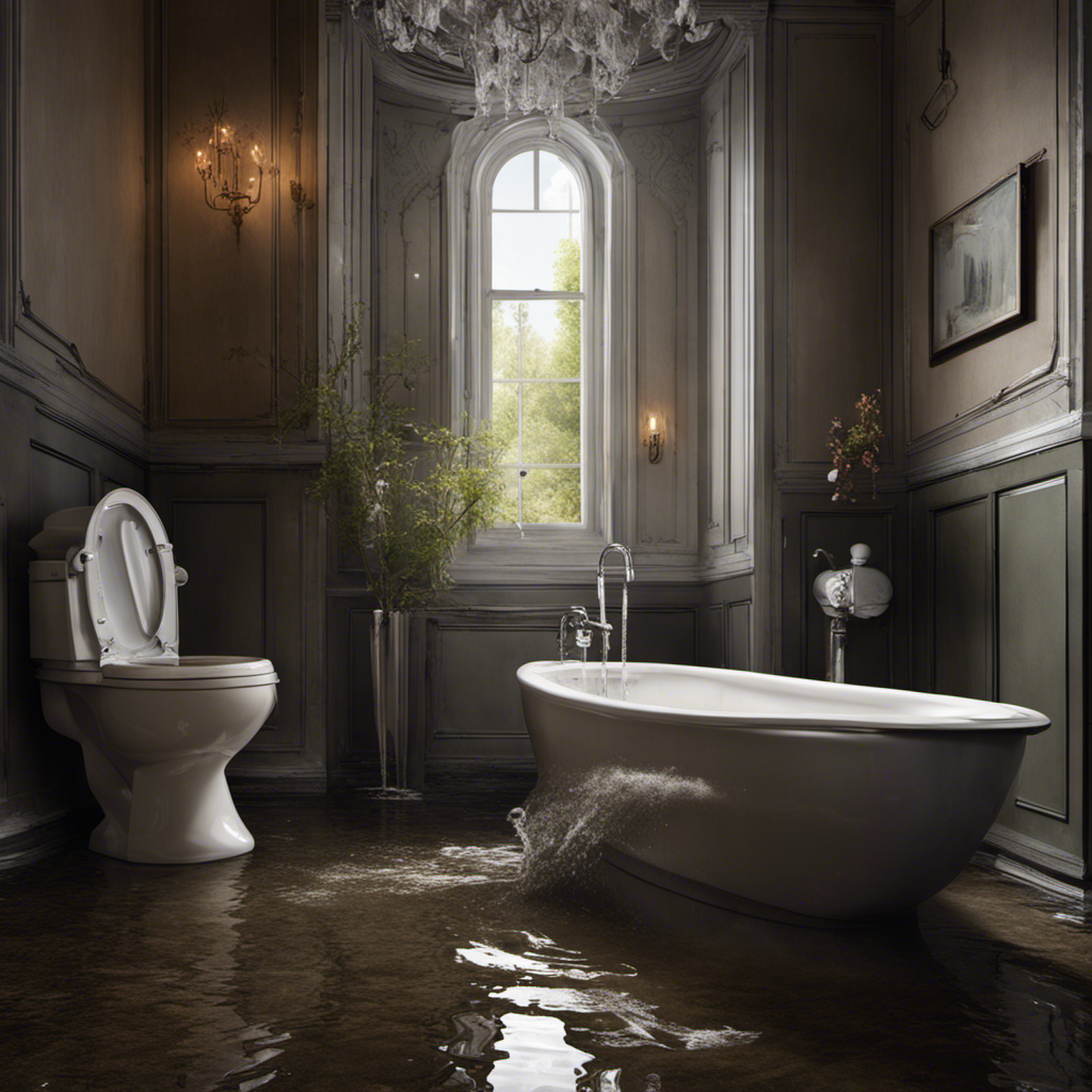 An image depicting a distressed person flushing a toilet, while water forcefully gushes out, flooding a nearby bathtub