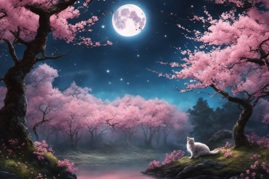 An image depicting a serene moonlit forest, adorned with cherry blossom trees in full bloom