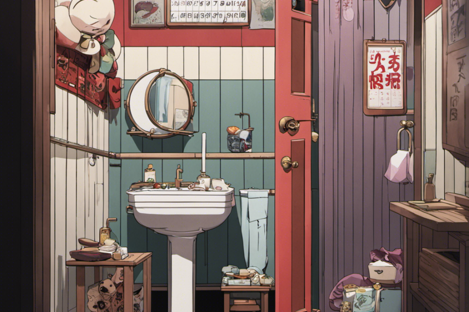 An image of a moonlit bathroom with a closed stall door adorned with the iconic seven-colored seal from Toilet-Bound Hanako-Kun