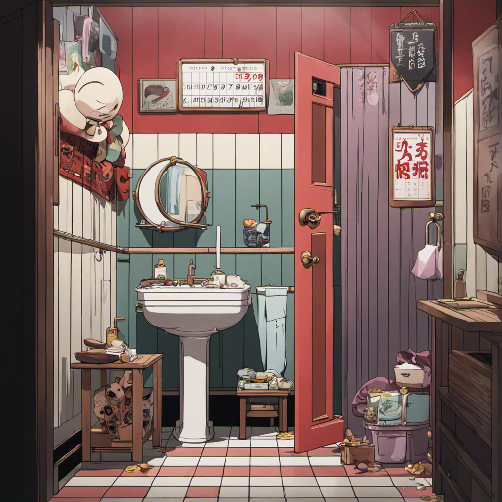 An image of a moonlit bathroom with a closed stall door adorned with the iconic seven-colored seal from Toilet-Bound Hanako-Kun