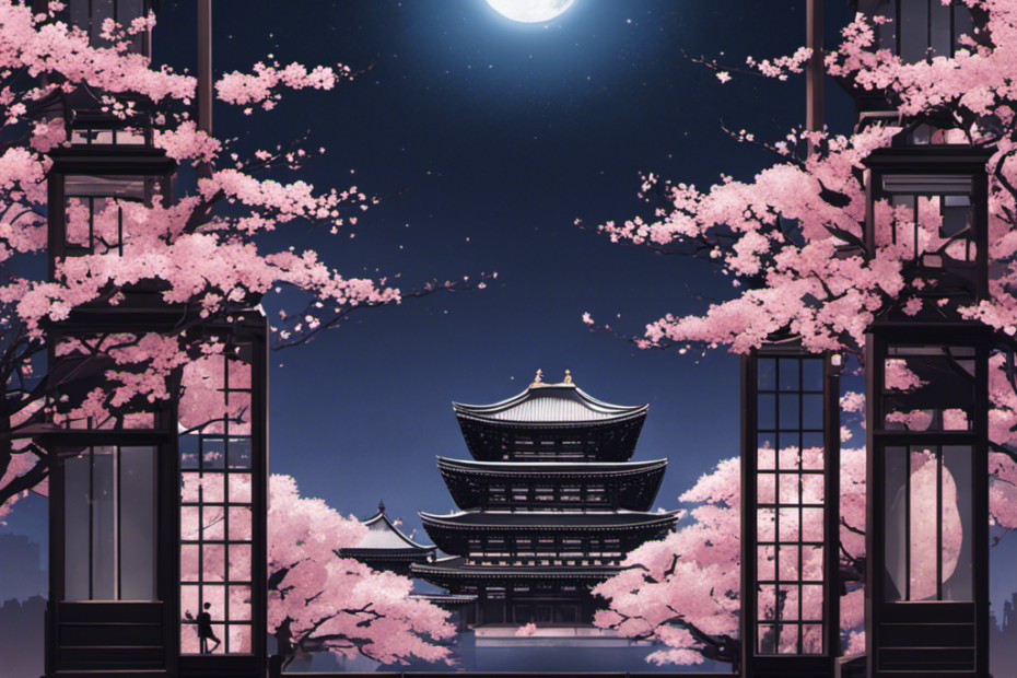 An image showcasing a moonlit skyline, with cherry blossoms in full bloom
