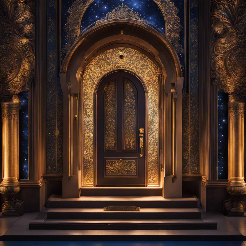 An image featuring a vibrant, starry night sky as the backdrop, with a crescent moon shining above a mysterious, ornate door
