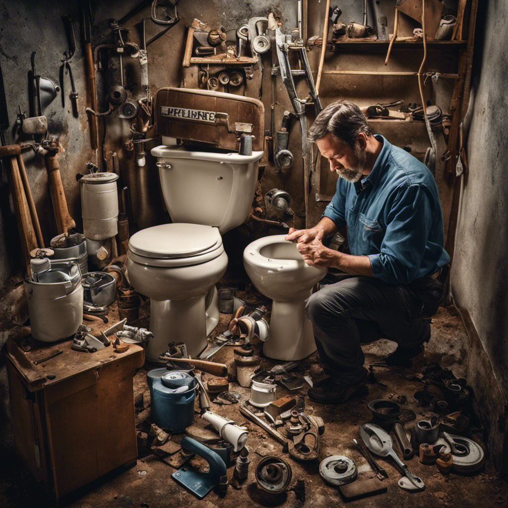 An image showcasing a worn-out toilet with cracks, stains, and corroded parts, surrounded by a pile of replacement parts and tools