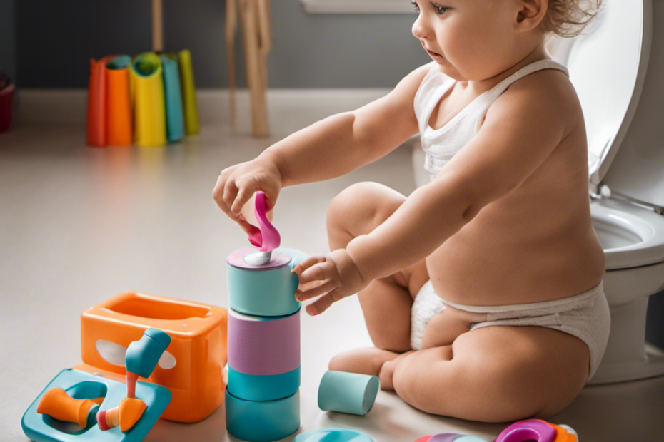 An image showcasing a toddler's hand reaching for a toilet paper roll, surrounded by colorful and engaging potty training tools, like a small potty seat, training pants, and a step stool, hinting at the topic of when to start toilet training