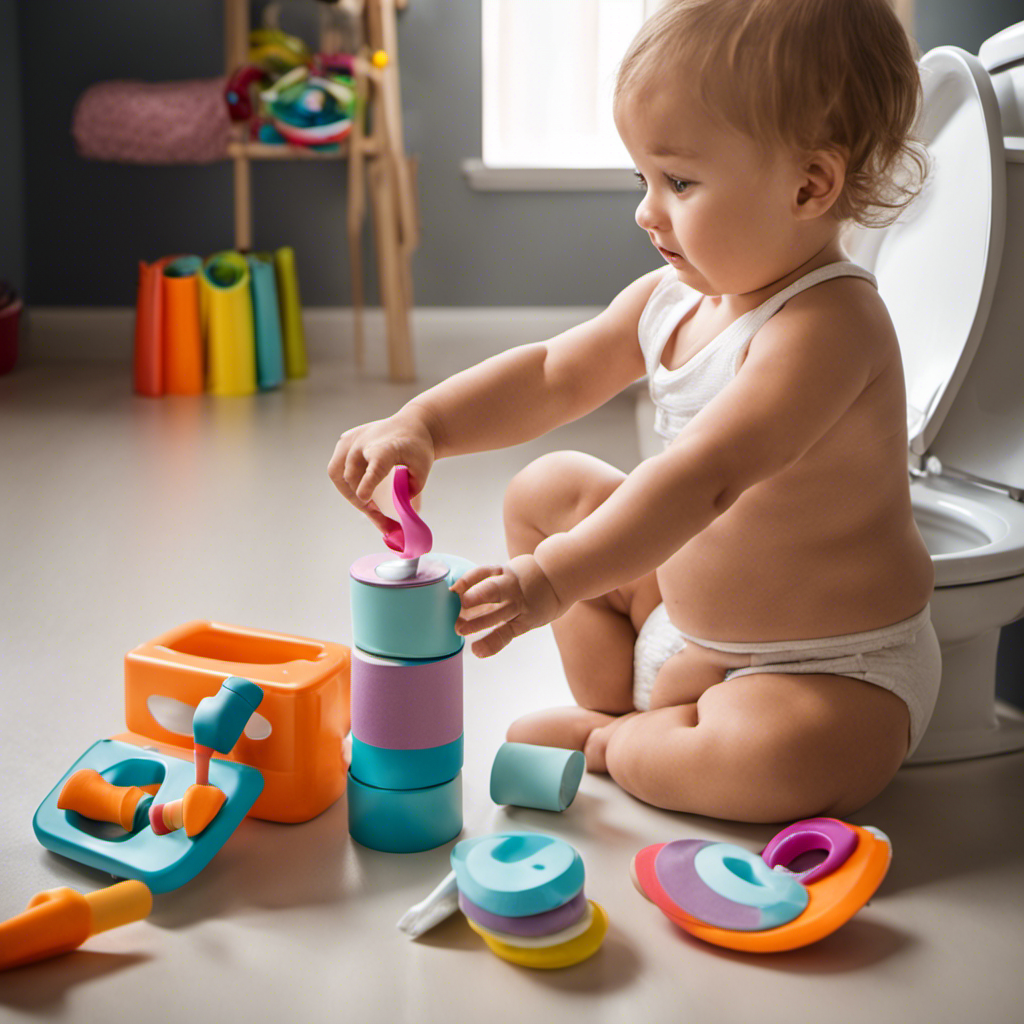 An image showcasing a toddler's hand reaching for a toilet paper roll, surrounded by colorful and engaging potty training tools, like a small potty seat, training pants, and a step stool, hinting at the topic of when to start toilet training