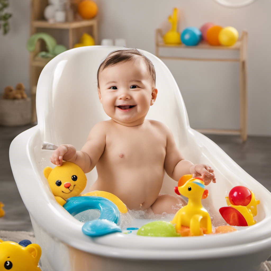 An image of a smiling baby sitting confidently in a spacious bathtub, surrounded by colorful bath toys and splashing happily, while a parent gently washes their hair using a soft, foamy sponge