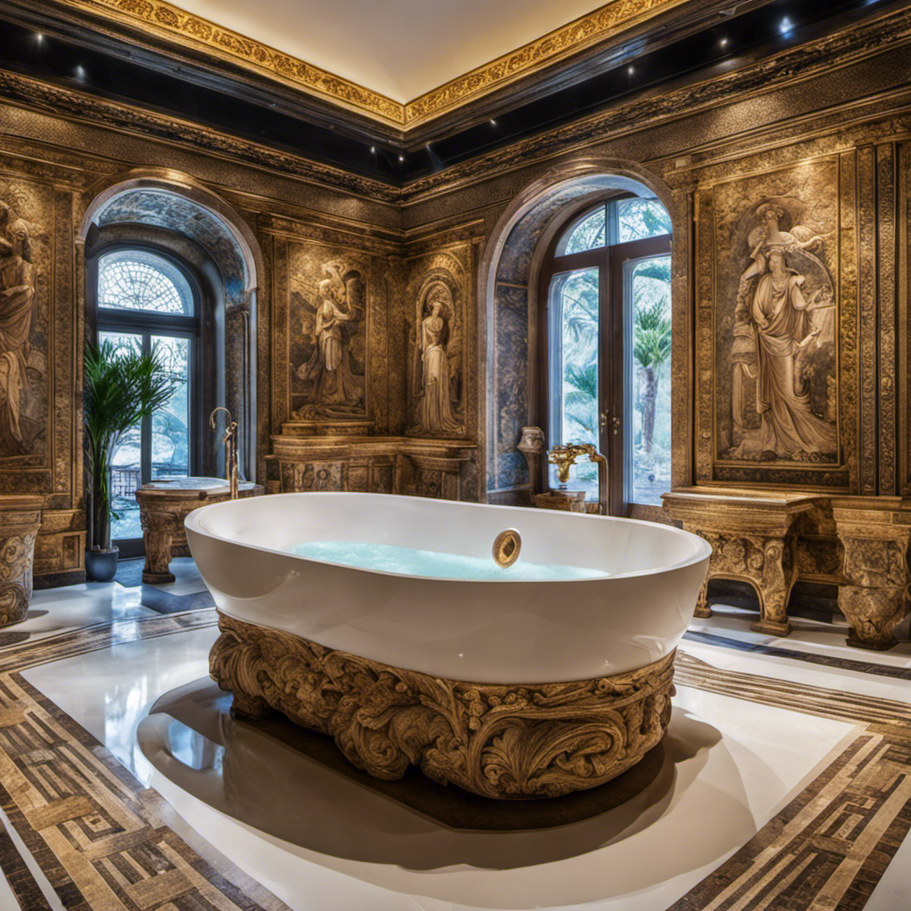 An image showcasing an ancient Roman villa, where a grand mosaic-filled room features an opulent, marble-clad bathtub